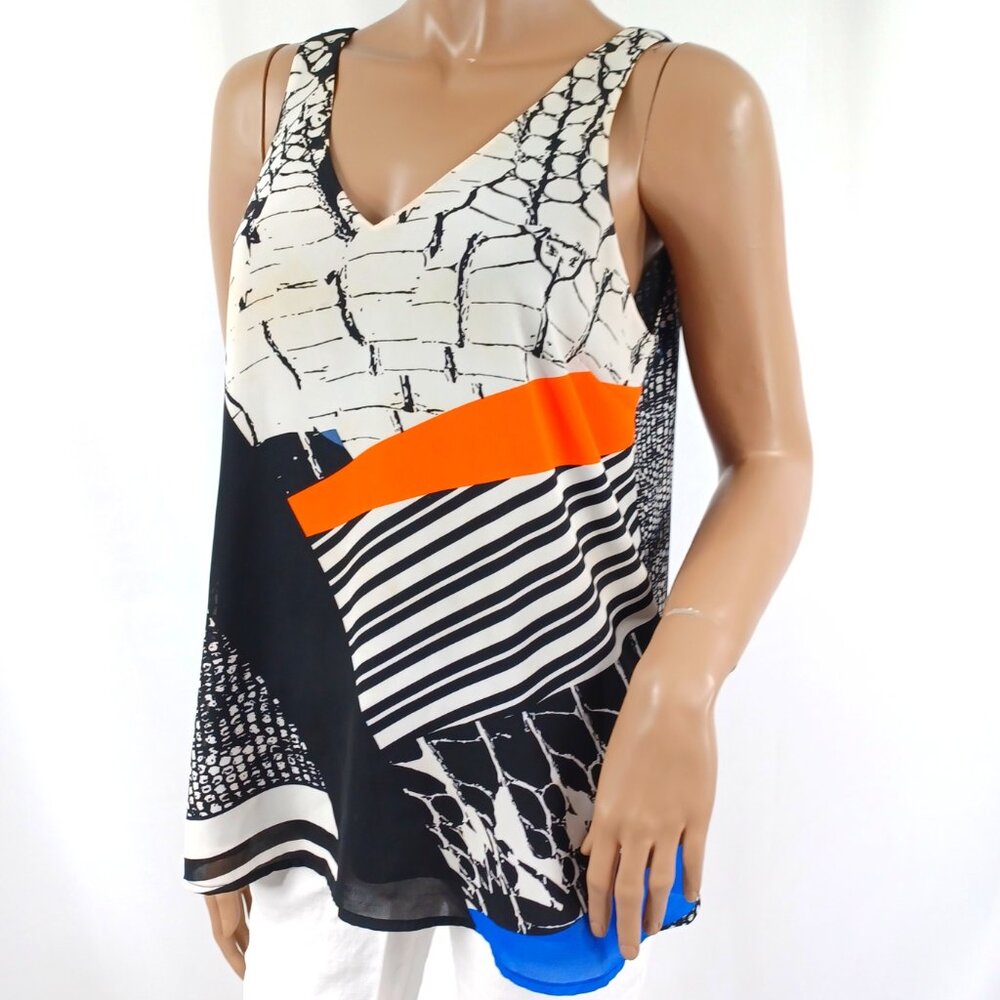 WILLI SMITH Graphic Print V Neck Flared Chiffon Shell Tank M - Picture 2 of 3